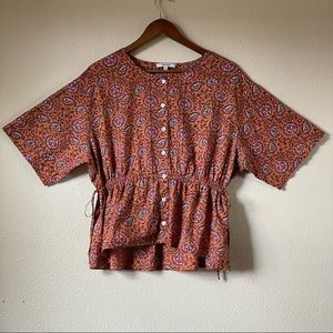 Madewell Short Wide Sleeve Blouse Drawstring Waist - Floral Warm Clay Brown XL